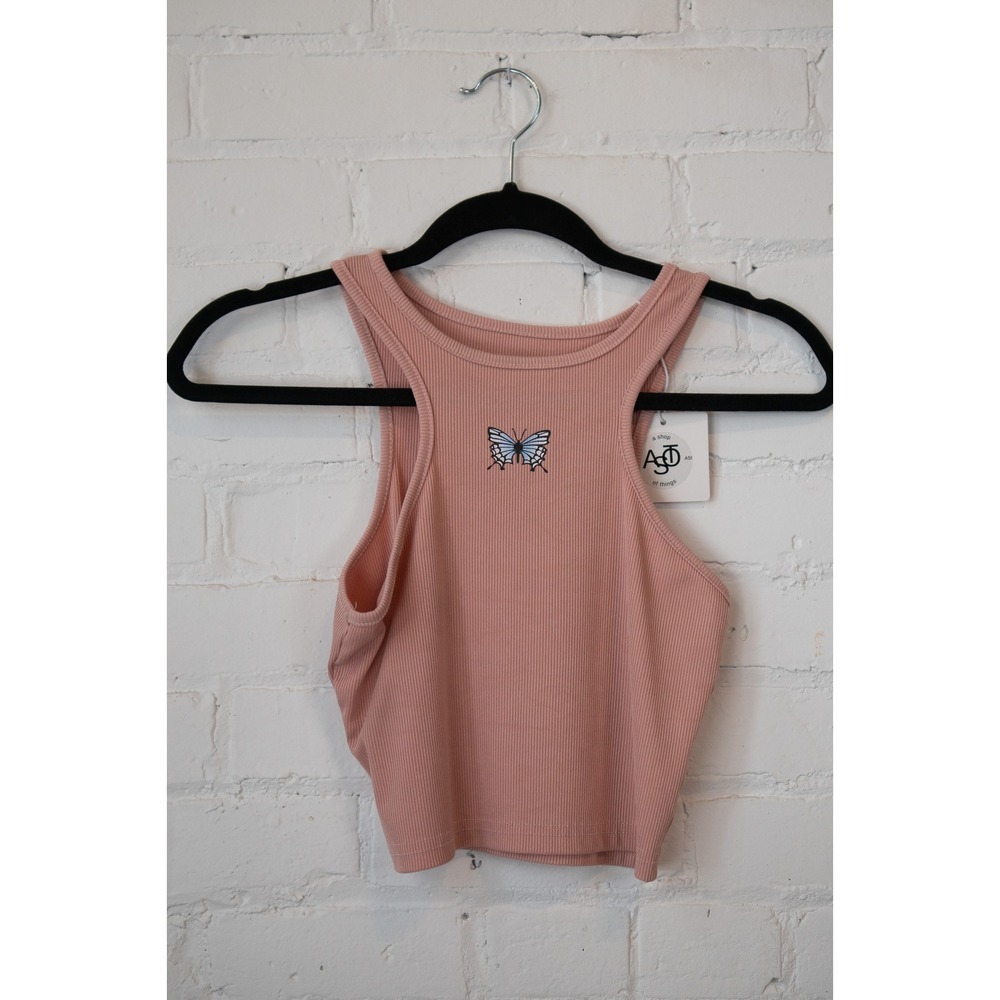 Y2K Pink Ribbed Butterfly Crop Tank Top Sleeveless Racerback